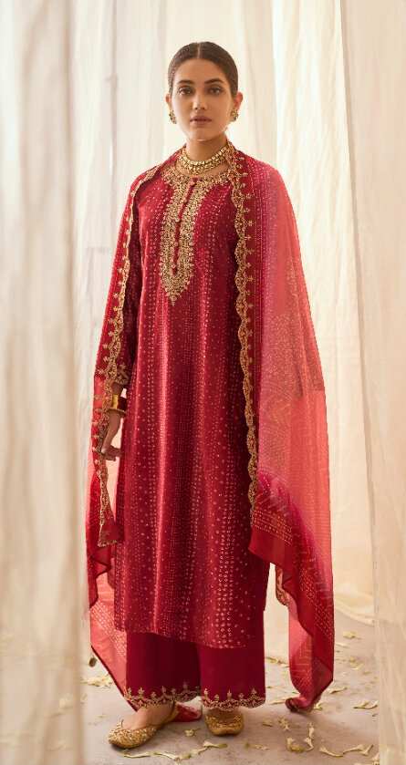 Velvet Digital Printed Pitta Embroidered Plazzo Suit In Red