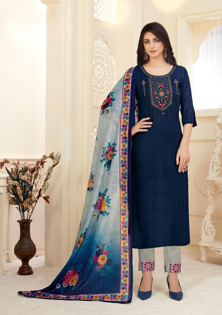 Viscose Embroidered Pant Suit In Navy Blue