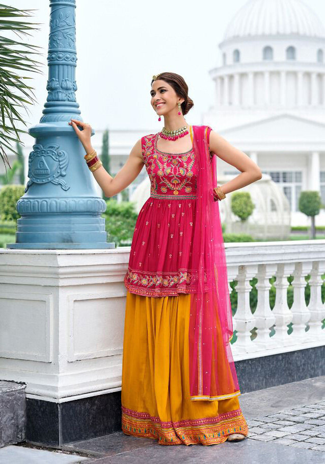 Viscose Georgette Chinon Sharara Suit In Red