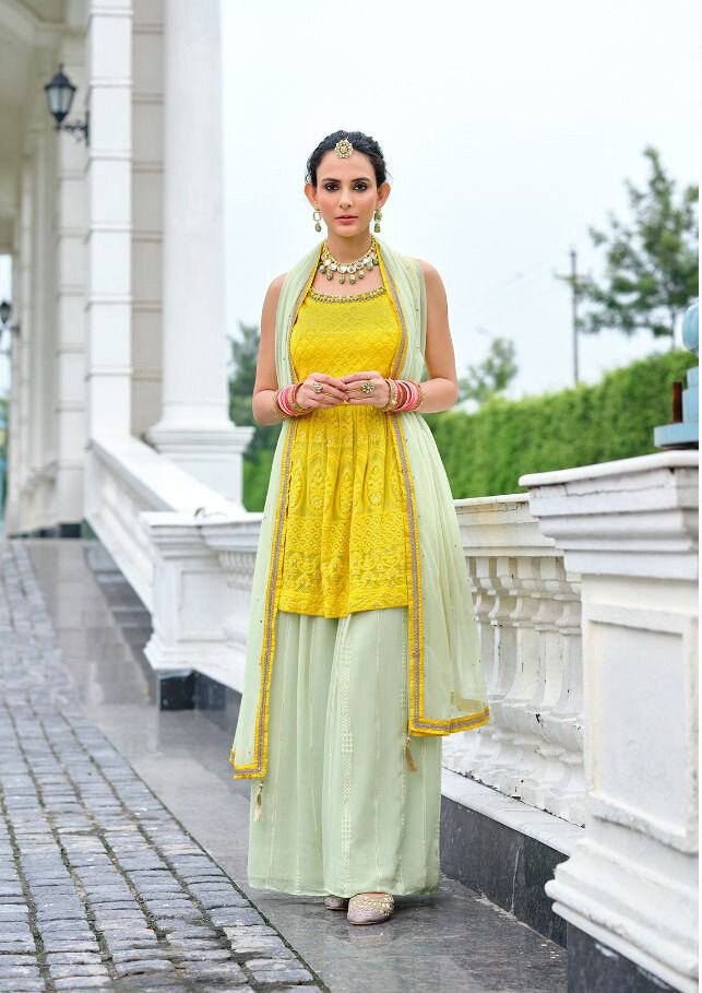 Viscose Georgette Chinon Sharara Suit In Yellow