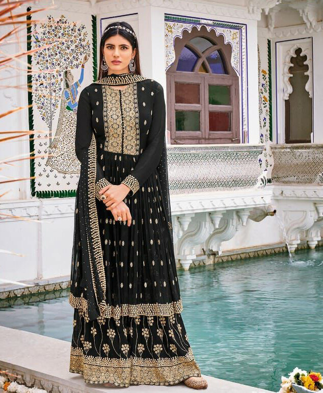 Wedding Wear Sharara Suit With Heavy Embroidered In Mustard Black