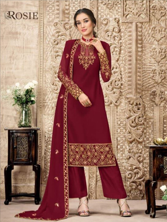 Wedding Wear Swiss Georgette Plazzo Suit With Embroidery In Deep Red