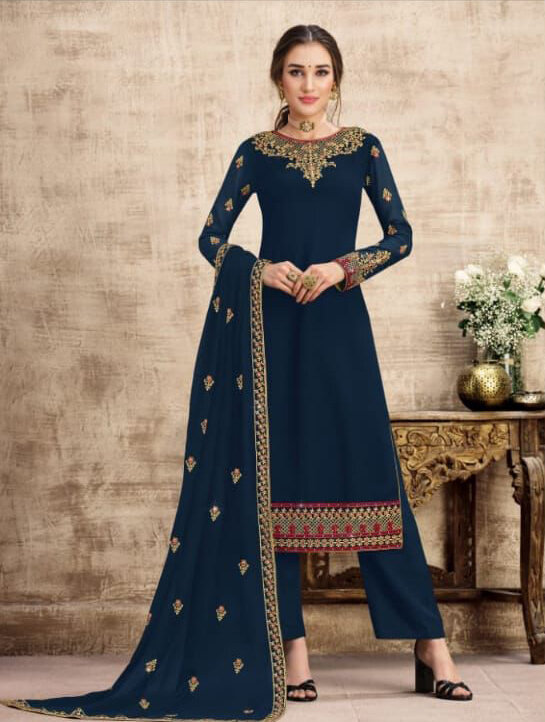 Wedding Wear Swiss Georgette Plazzo Suit With Embroidery In Navy Blue