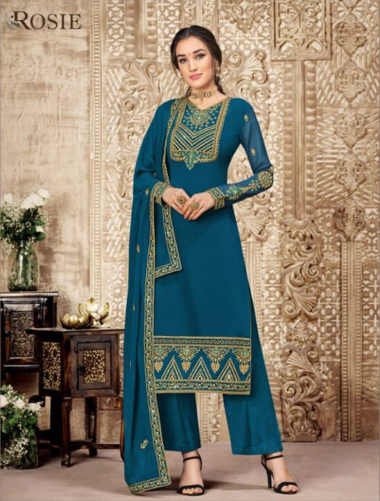 Wedding Wear Swiss Georgette Plazzo Suit With Embroidery In Teal Blue