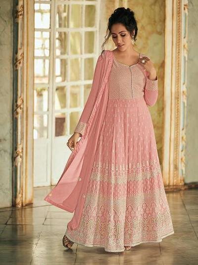 Women's Baby Pink Luckhnowi Work Anarkali Suit