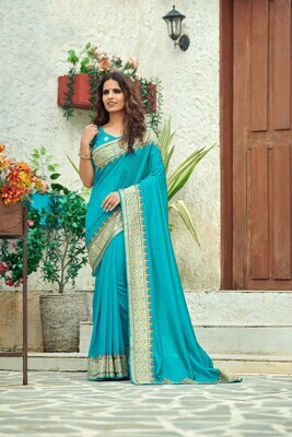 Heavy Embroidered Silk Saree In Sky Blue