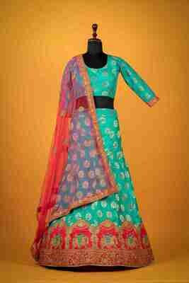 Heavy Embroidered Banarasi Silk Lehenga In Blue