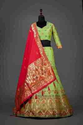 Green Color Wedding Wear Banarasi Silk Lehenga
