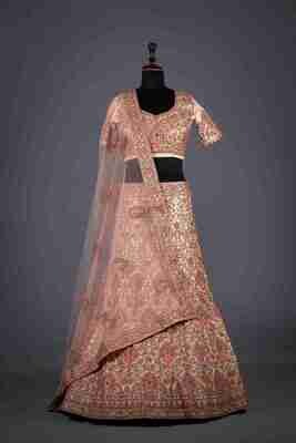Designer Heavy Embroidered Silk Lehenga In Pink