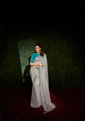 Elegant Party Wear Teal Blue And Grey Saree