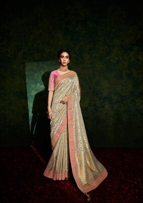 Stunning Wedding Wear Grey Pink Fancy Fabric Saree