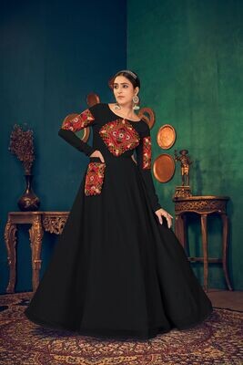Embroidered Mirror Work Georgette Gown In Black