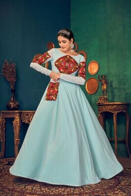 Embroidered Mirror Work Georgette Gown In Aqua Blue