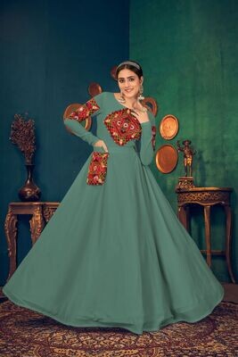 Embroidered Mirror Work Georgette Gown In Green