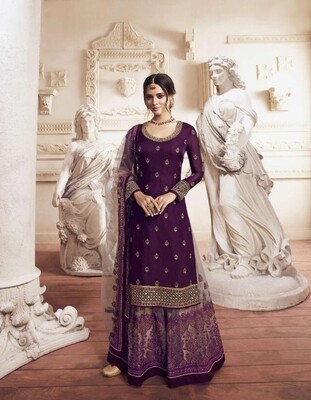 Wedding Wear Sharara Suit With Embroidered In Purple