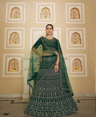 Gorgeous Lehenga Presented By Arya Designer With Mirror And Thread Work In Green Color
