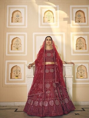 Heavy Designer Bridal Wear Mirror Worked Maroon Color Lehenga Choli