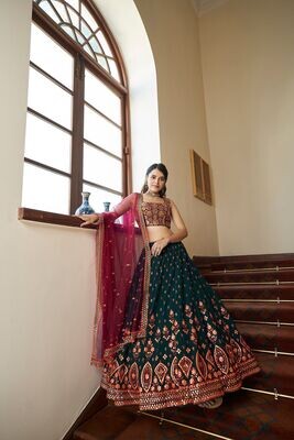 Exotic Color Embroidered Green And Deep Pink Color Georgette Lehenga Choli