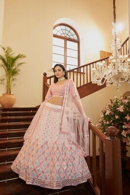 Mesmerizing Embroidered Pearl White And Pink Color Georgette Lehenga Choli