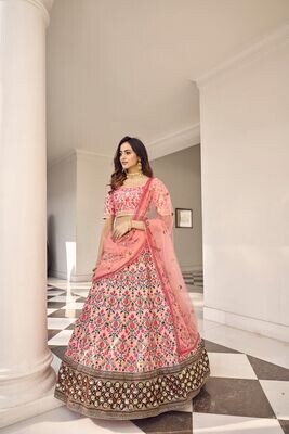 Baby Pink Yellow Rani Pink And Gajri Color  Silk Thread With Sequence Embroidered Lehenga Choli With Belt