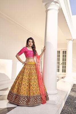 Mustard Yellow Rani Pink And Gajri Color  Silk Thread With Sequence Embroidered Lehenga Choli With Belt