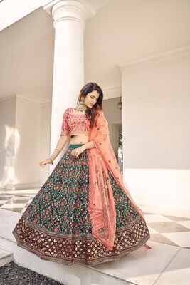 Green Orange  Silk Thread With Sequence Embroidered Lehenga Choli With Belt
