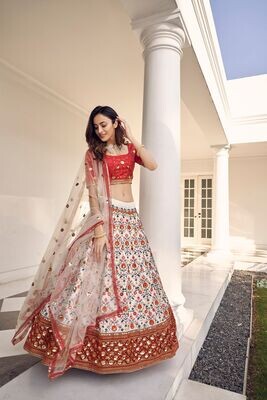 White Red Silk Thread With Sequence Embroidered Lehenga Choli With Belt