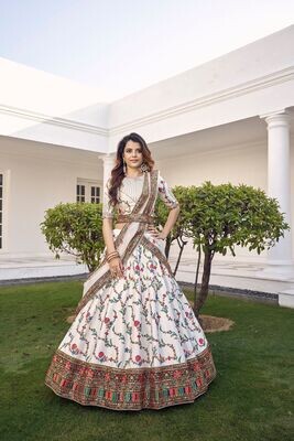 White Silk Thread With Sequence Embroidered Lehenga Choli With Belt