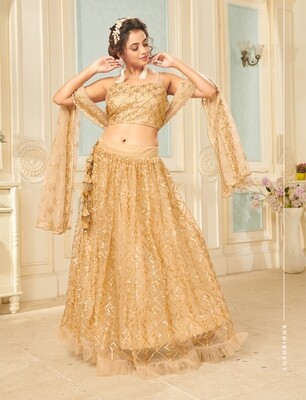 Exotic Bridesmaid Wear Golden Color Wedding Wear Premium Soft Net Sequence Embroidered Lehenga Choli