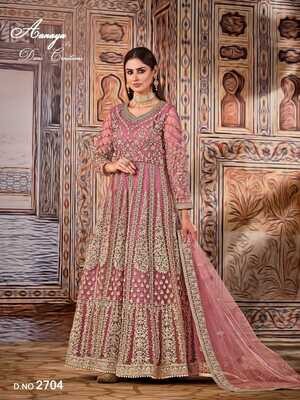 Wedding Wear Anarkali Suit Heavy Embroidered Net In Pink