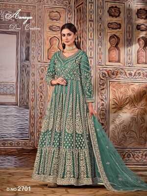 Wedding Wear Anarkali Suit Heavy Embroidered Net In Teal Blue