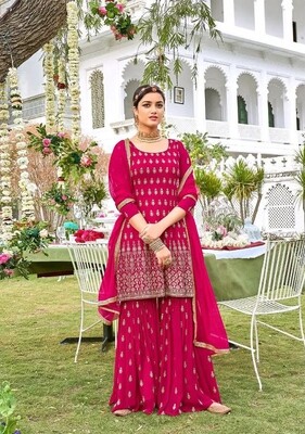 Sharara Suit For Wedding Wear In Heavy Georgette With Embroidery In Rani