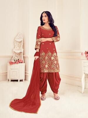 Mirror Work Bitalian Soft Silk Punjabi Suit In Red