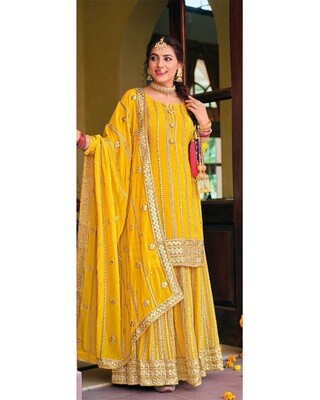 Karwachauth Special Dress With Heavy Embroidered Chinon In Yellow