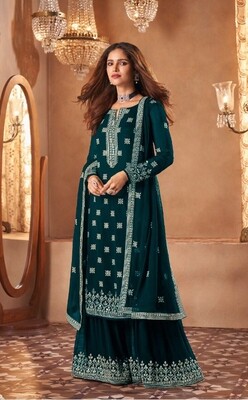 Beautiful Indian Wear Faux Georgette Embroidered Sharara Suit In Teal blue