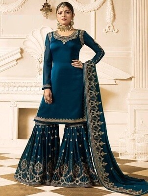 Heavy Embroidery Flauting Blue Color Satin Georgette With Plazzo Suit