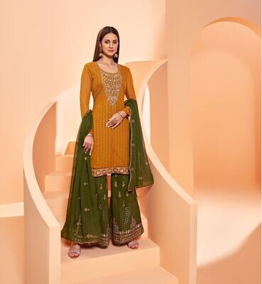 Eid Special Latest Georgette Embroidered Sharara Suit In Mustard Yellow