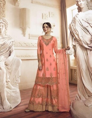 Wedding Wear Sharara Suit With Embroidered In Peach