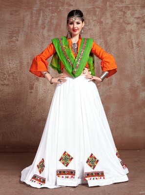 Embroidered Cotton Navratri Chaniya Choli In White Orange Green