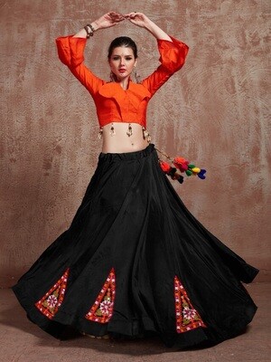 Embroidered Tafetta Silk Navratri Chaniya Choli In Black Orange