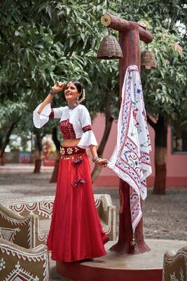 Resham Embroidered Soft Cotton Lehenga Choli In White And Red