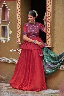 Real Mirror Embroidered Silk Lehenga Choli In Red