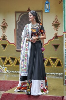 Resham Embroidered Soft Cotton Lehenga Choli  In Black