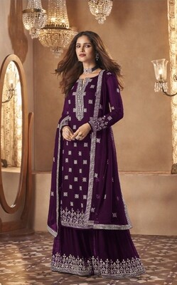 Special Traditional Wear Faux Georgette Embroidered Sharara Suit In Purple