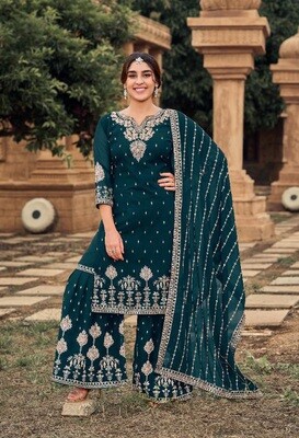 Teal Blue Pink Sharara Suit With Sequins Embroidery Work Heavy Faux Georgette