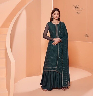 Alizeh Pure Georgette Sequins Embroidered Sharara Suit In Dark Green