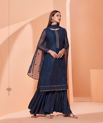 Alizeh Pure Georgette Sequins Embroidered Sharara Suit In Retro Blue