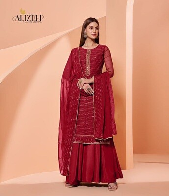 Alizeh Pure Georgette Sequins Embroidered Sharara Suit In Red