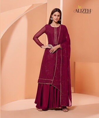 Alizeh Pure Georgette Sequins Embroidered Sharara Suit In Magneta