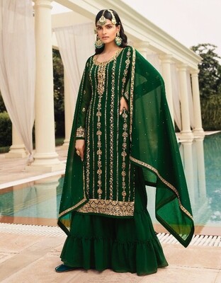 Heavy Georgette Embroidered Sharara Suit In Bottle Green
